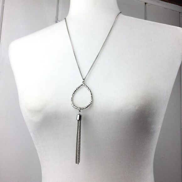 Silver Chain Necklace, Pounded Silver Drop, Tassel - Picture 1 of 9